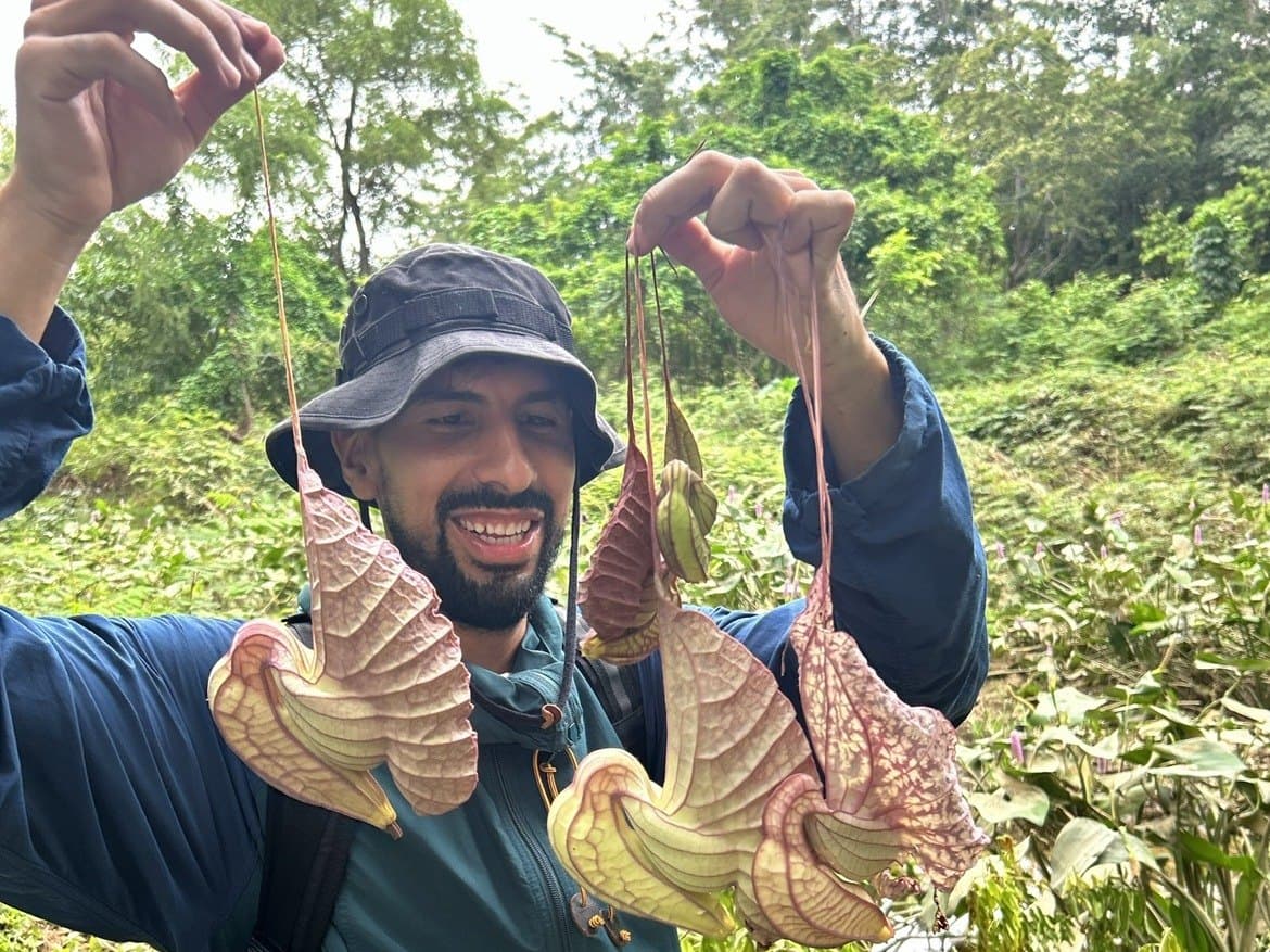 Chris in the field holding freshly pulled roots