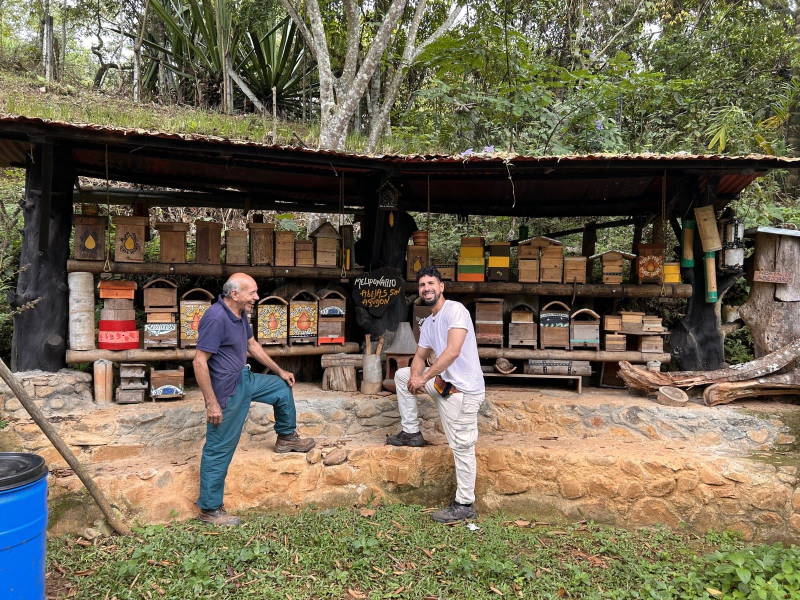 Chris with a beekeeper at a stingless bee apiary
