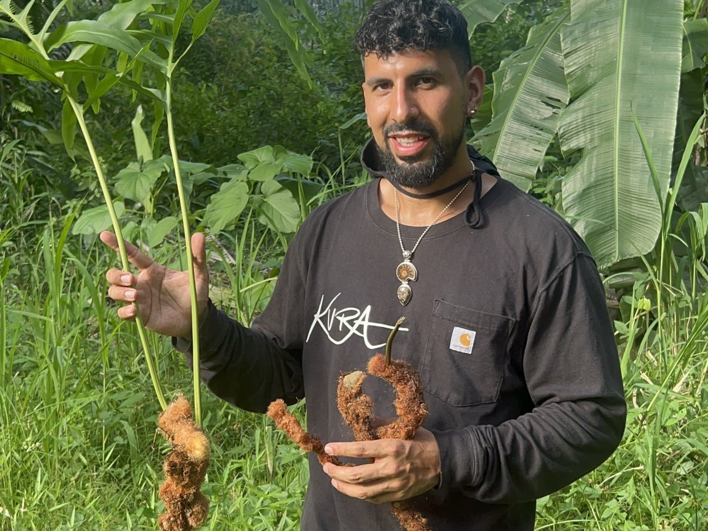 Chris in the forest holding a whole plant, roots and all