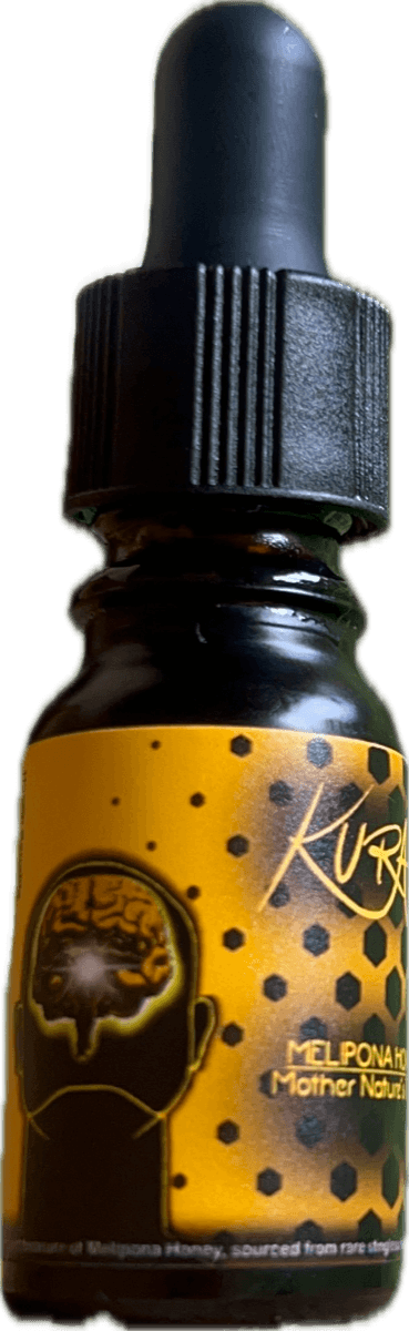 Kura Alkaline Stingless Bee Honey dropper standing on a wooden ledge